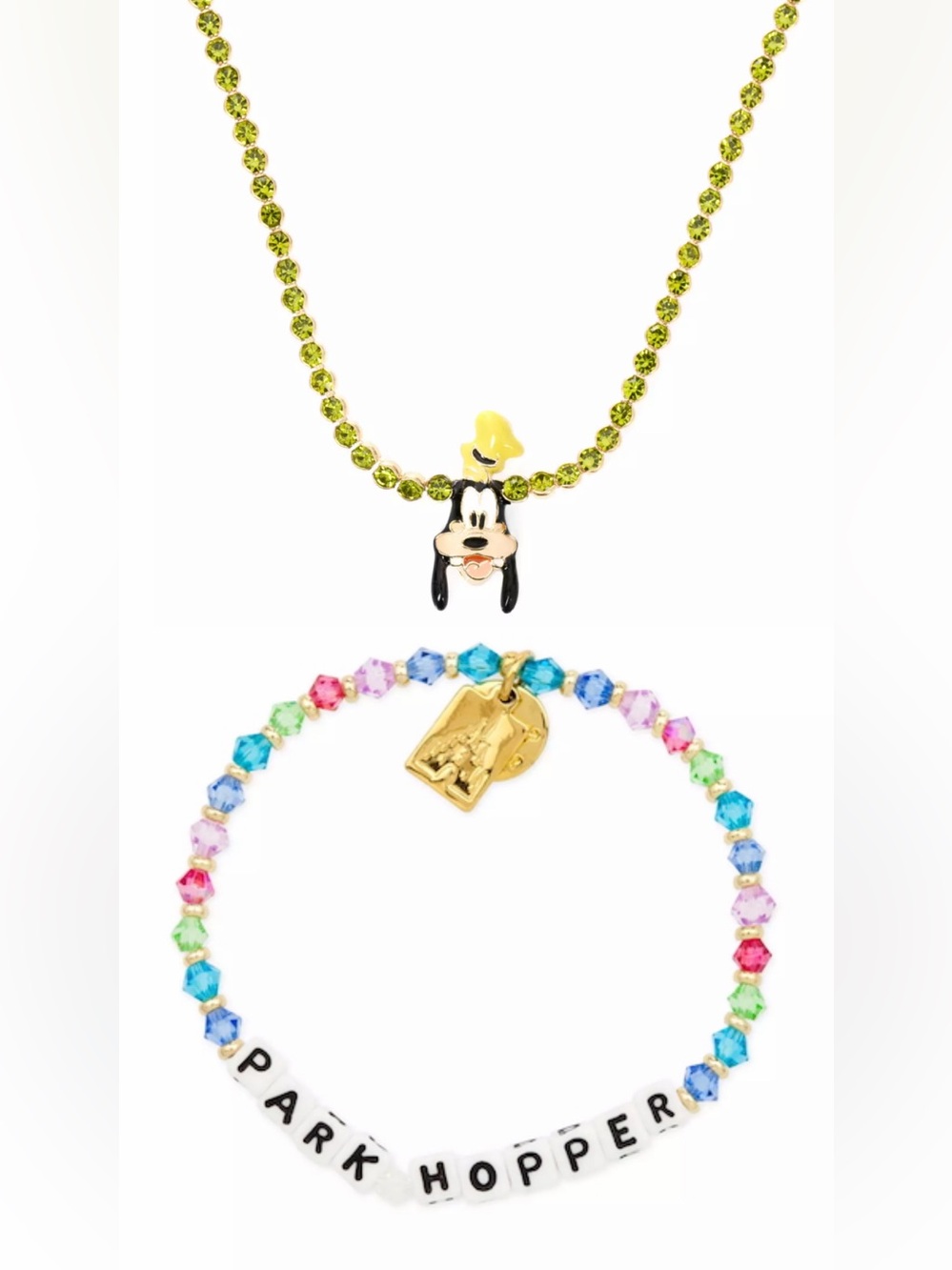 Disney 💚🩷🩵 BaubleBar Goofy necklace & Park Hopper friendship bracelet Duo set